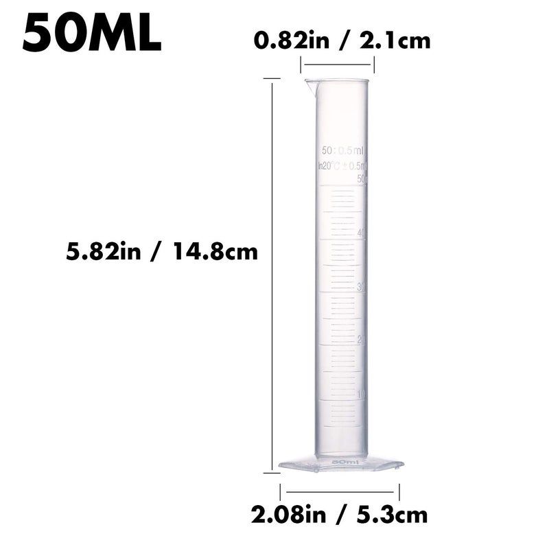 Young4us Measuring Cylinder Set, 4 Sizes Graduated Polypropylene Lab Test Tubes in 100 ml, 50 ml, 25 ml, 10 ml for Laboratory, & Science Experiments with 4 Plastic Droppers in 3 ml - Image 3